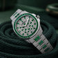OBLVLO FM-DSL-AD Mens Iced Out Diamond Watch Luxury Emerald Green Baguette Gemstone Automatic Mechanical Wristwatch Silver Stainless Steel