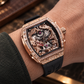 OBLVLO ZM-PH Rose Gold Tonneau & Cubic Zirconia Case Luxury Men's Skeleton Watch - 3D Dragon & Phoenix Carved Dial