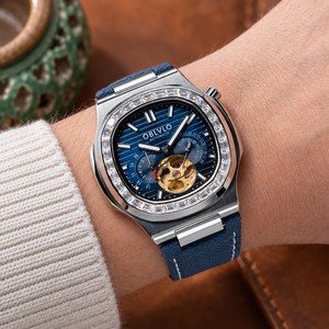 OBLVLO FM-SF Men's Open Heart Automatic Watch Silver Stainless Steel Luxury Diamond Bezel Mechanical Wristwatch Blue Dial Textured Leather Strap