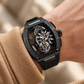 OBLVLO ZRM-ZM Men's All Black Stealth Automatic Watch Tonneau Skeleton Mechanical Sport Wristwatch Ribbed Black Rubber Strap