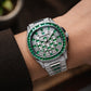 OBLVLO FM-DSL-AD Mens Iced Out Diamond Watch Luxury Emerald Green Baguette Gemstone Automatic Mechanical Wristwatch Silver Stainless Steel