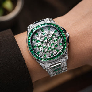 OBLVLO FM-DSL-AD Mens Iced Out Diamond Watch Luxury Emerald Green Baguette Gemstone Automatic Mechanical Wristwatch Silver Stainless Steel