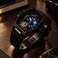 OBLVLO ZRM-ZM Men's All Black Stealth Automatic Watch Tonneau Skeleton Mechanical Sport Wristwatch Ribbed Black Rubber Strap
