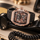 OBLVLO ZM-PH Rose Gold Tonneau & Cubic Zirconia Case Luxury Men's Skeleton Watch - 3D Dragon & Phoenix Carved Dial
