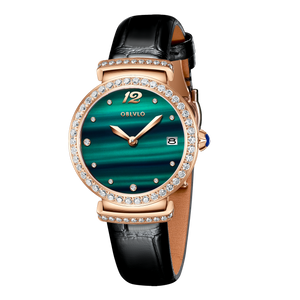 OBLVLO BW-S Women's Diamond Wrist Watch: Green Malachite Dial,Elegant Present for Ladies and Loved Ones