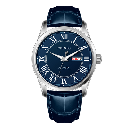 OBLVLO GC-SIM Blue Dial 41mm Roman Numerals Day Date Automatic Dress Watch