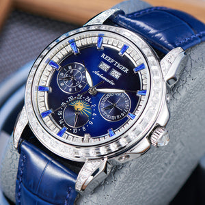 Classics Zirconia Bezel & Blue Dial Men 24 Hour Moon Phase Dress Business Watch - Reef Tiger RGA1988