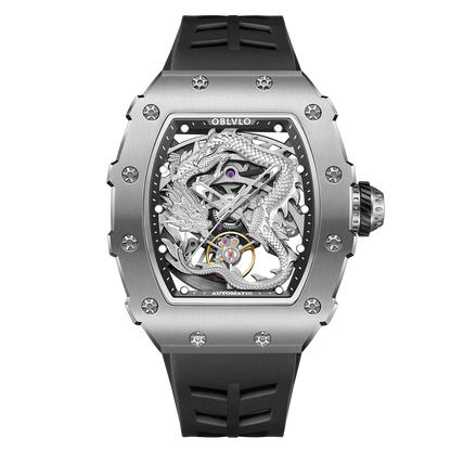 Affordable Silver Skeleton Chinese Dragon Automatic Watches - OBLVLO XM DRAGON Series