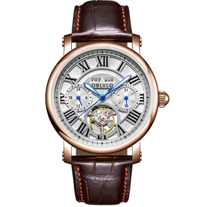 OBLVLO YM Rose Gold Tourbillon style Automatic Mechanical Diamond Dress Watches - Multi-Function year/month/week/day