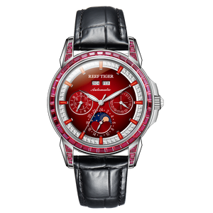 Best Affordable Luxury Burgundy Red Zirconia Bezel & Dial Moon Phase Date Casual Watch for Men's - Reef Tiger RGA1988