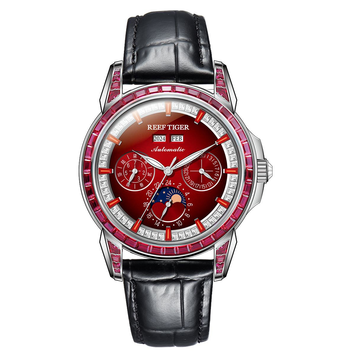 Best Affordable Luxury Burgundy Red Zirconia Bezel & Dial Moon Phase Date Casual Watch for Men's - Reef Tiger RGA1988