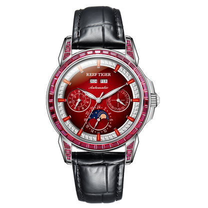 Best Affordable Luxury Burgundy Red Zirconia Bezel & Dial Moon Phase Date Casual Watch for Men's - Reef Tiger RGA1988