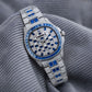 OBLVLO FM-DSL-AD Luxury Mens Mechanical Watch Sapphire Blue Baguette Crystal Bezel Silver Iced Out Automatic Wrist Watch with Date