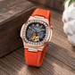 OBLVLO FM-SF Men's Luxury Sport Automatic Watch Rose Gold Diamond Bezel Open Heart Black Dial Orange Leather Strap Mechanical Wristwatch