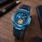 OBLVLO FM-SF Men's All-Blue Automatic Mechanical Watch Open Heart Diamond Bezel Metallic Blue Stainless Steel Case Leather Strap