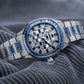 OBLVLO FM-DSL-AD Luxury Mens Mechanical Watch Sapphire Blue Baguette Crystal Bezel Silver Iced Out Automatic Wrist Watch with Date