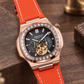 OBLVLO FM-SF Men's Luxury Sport Automatic Watch Rose Gold Diamond Bezel Open Heart Black Dial Orange Leather Strap Mechanical Wristwatch