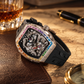 OBLVLO ZM-PH Luxus Silber Tonneau Automatikuhr - 3D Skelett Drachen- & Phönix-Motiv Design Mechanische Uhr