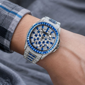 OBLVLO FM-DSL-AD Luxury Mens Mechanical Watch Sapphire Blue Baguette Crystal Bezel Silver Iced Out Automatic Wrist Watch with Date