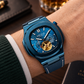 OBLVLO FM-SF Men's All-Blue Automatic Mechanical Watch Open Heart Diamond Bezel Metallic Blue Stainless Steel Case Leather Strap