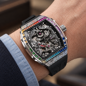 OBLVLO ZM-PH Montre automatique de luxe tonneau argenté - Montre mécanique squelette 3D motif dragon et phénix mythiques