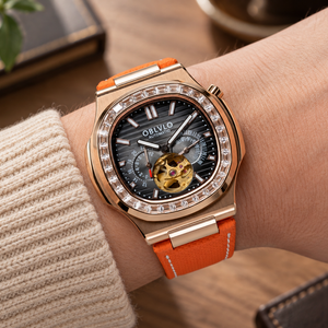 OBLVLO FM-SF Men's Luxury Sport Automatic Watch Rose Gold Diamond Bezel Open Heart Black Dial Orange Leather Strap Mechanical Wristwatch