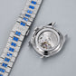 OBLVLO FM-DSL-AD Luxury Mens Mechanical Watch Sapphire Blue Baguette Crystal Bezel Silver Iced Out Automatic Wrist Watch with Date