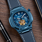 OBLVLO FM-SF Men's All-Blue Automatic Mechanical Watch Open Heart Diamond Bezel Metallic Blue Stainless Steel Case Leather Strap