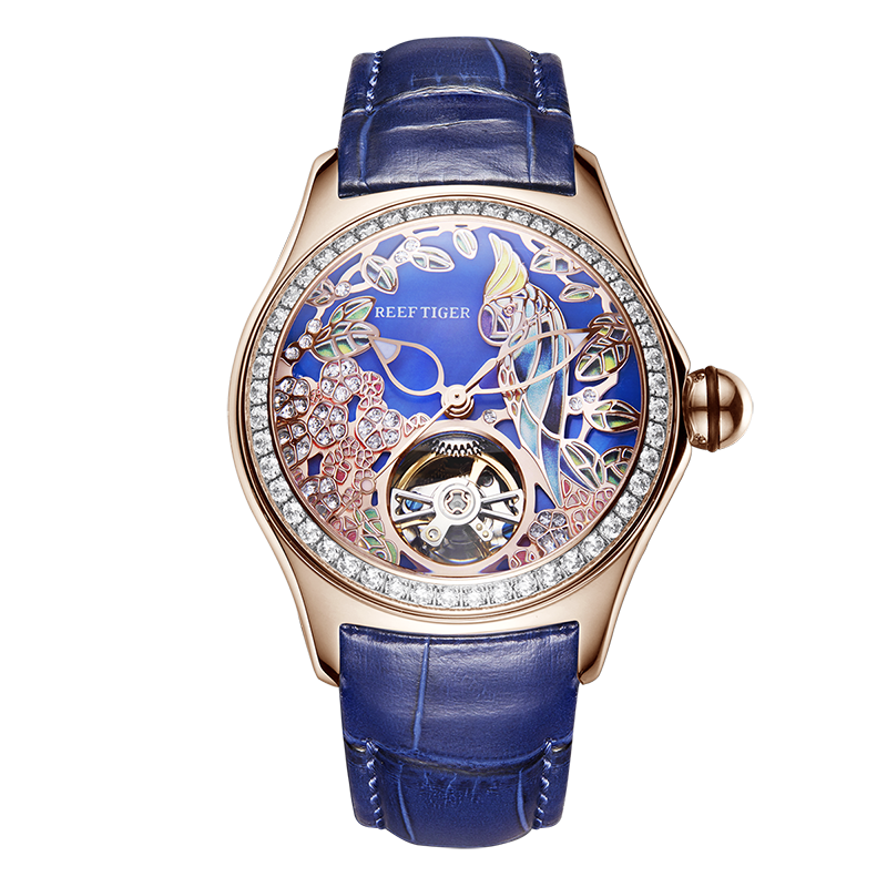 Reef Tiger Designs Aurora Parrots Rose Gold & Blue Dial Diamond Skeleton dial watches for Women
