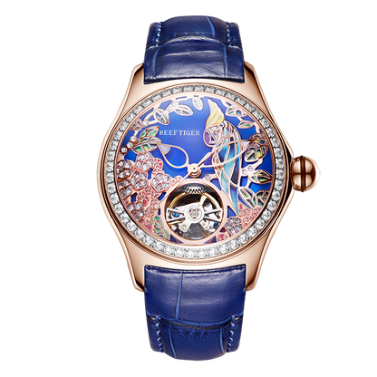 Reef Tiger Designs Aurora Parrots Rose Gold & Blue Dial Diamond Skeleton dial watches for Women
