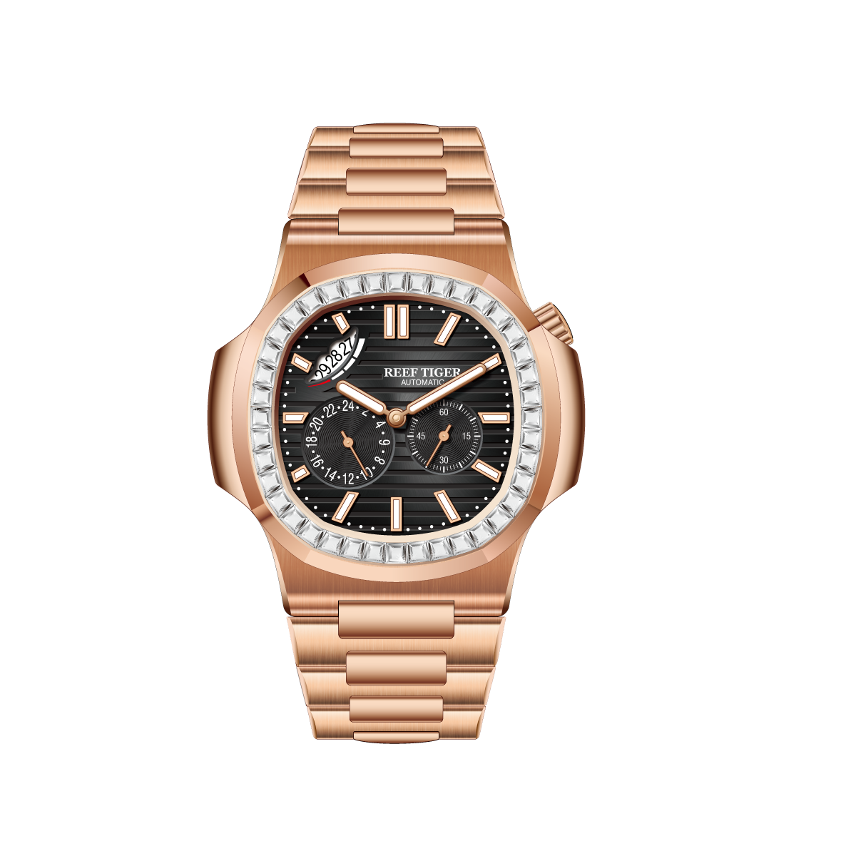 Reef Tiger RGA2019 24-Hour Multi-Dial Automatic Watch - Black 44mm Dial & Rose Gold Sqaure Case Automatic Dress Watch for men