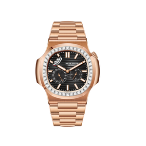 Reef Tiger RGA2019 24-Hour Multi-Dial Automatic Watch - Black 44mm Dial & Rose Gold Sqaure Case Automatic Dress Watch for men