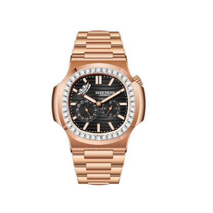Reef Tiger RGA2019 24-Hour Multi-Dial Automatic Watch - Black 44mm Dial & Rose Gold Sqaure Case Automatic Dress Watch for men
