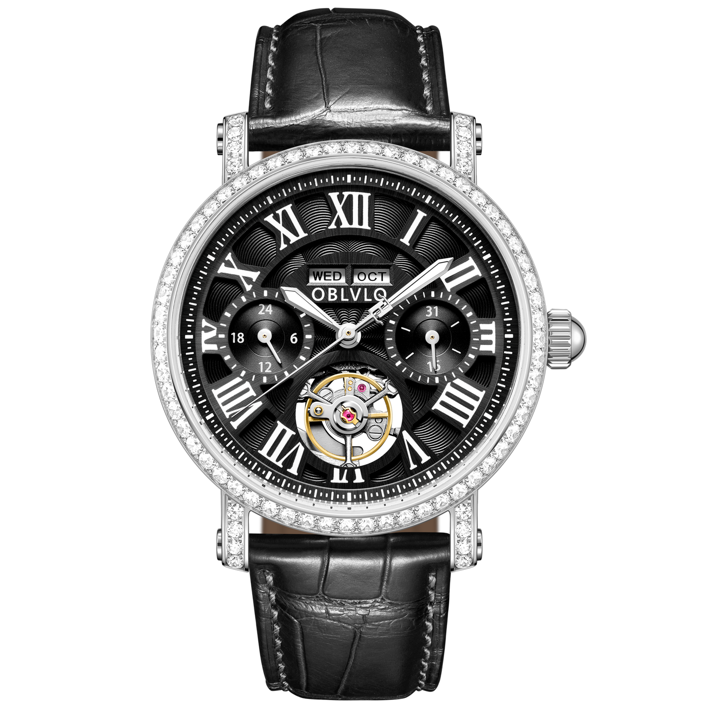 OBLVLO YM Black Dial and Numerical Hour Markers Automatic Tourbillon Style Dress Watch with Zircon Bezel