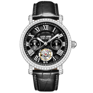 OBLVLO YM Black Dial and Numerical Hour Markers Automatic Tourbillon Style Dress Watch with Zircon Bezel