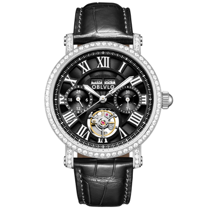 OBLVLO YM Black Dial and Numerical Hour Markers Automatic Tourbillon Style Dress Watch with Zircon Bezel