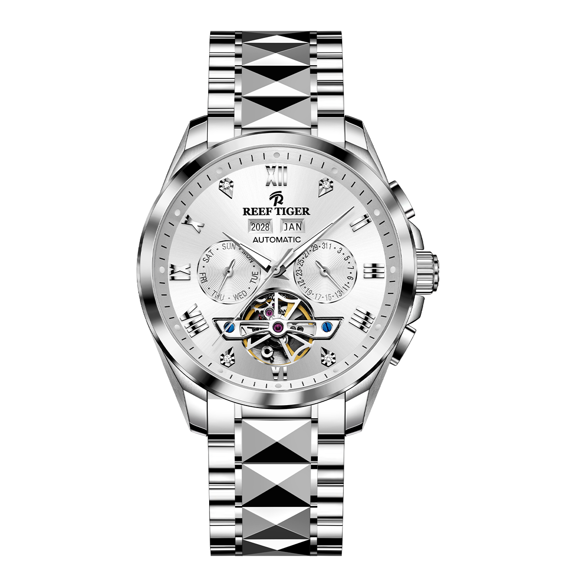 Classic Men's Dress White Day Date Automatic Tourbillon Style Dial Watch - Reef Tiger RGA8235