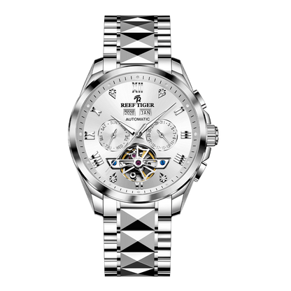 Classic Men's Dress White Day Date Automatic Tourbillon Style Dial Watch - Reef Tiger RGA8235