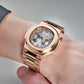 Reef Tiger RGA2019 White Dial 44mm Crystal Bezel & Rose Gold Sqaure Case Automatic Watch - 24 Hours Multi-Dial Dial Business Watch