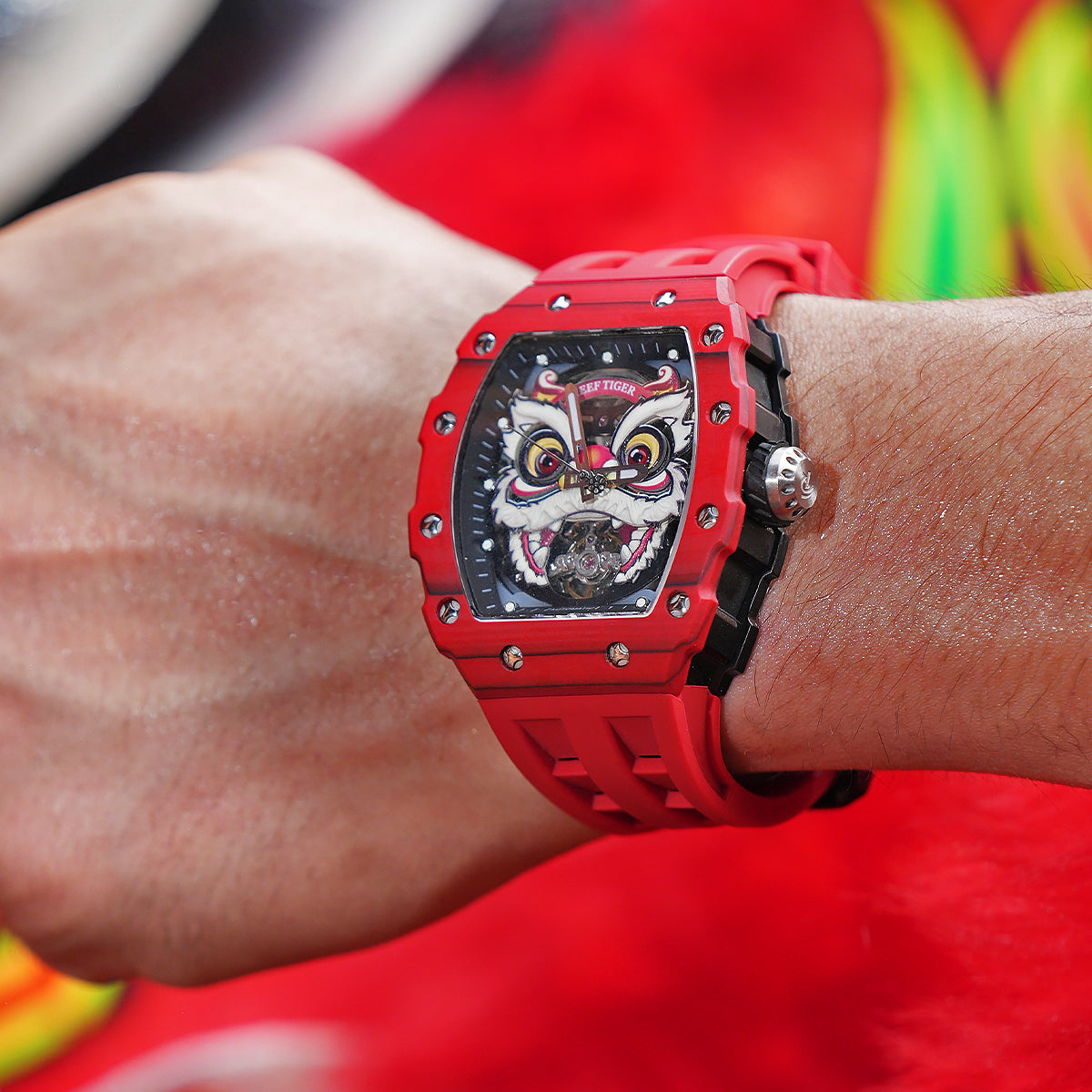 Fashion Unique Chinese Red Lion Dance Skeleton Automatic