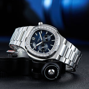 Luxury Men's 44mm Square Crystal Bezel Automatic Watch | Reef Tiger RGA2019 24-Hour Multi-Dial Business Wrist Watches