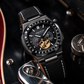 OBLVLO FM-SF Men's All Black Stealth Automatic Watch Open Heart Black Bezel Mechanical Wristwatch Black Leather Strap
