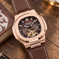 OBLVLO FM-SF Men's Rose Gold Automatic Mechanical Watch Open Heart Brown Dial Luxury Diamond Bezel Wristwatch Genuine Leather Strap
