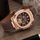 OBLVLO FM-SF Men's Rose Gold Automatic Mechanical Watch Open Heart Brown Dial Luxury Diamond Bezel Wristwatch Genuine Leather Strap
