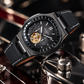 OBLVLO FM-SF Men's All Black Stealth Automatic Watch Open Heart Black Bezel Mechanical Wristwatch Black Leather Strap