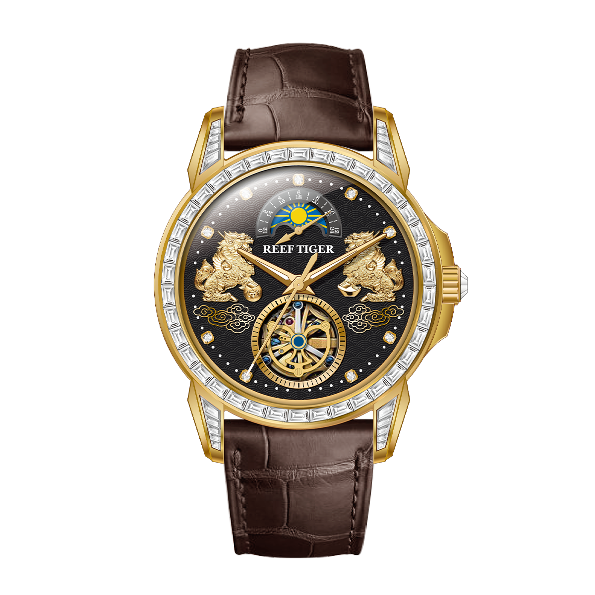 Reef Tiger RGA1935 - Affordable Luxury Yellow Gold/Diamond Mens Moon Phase Automatic Tourbillon Style Dial Dress Watches