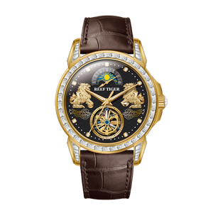 Reef Tiger RGA1935 - Affordable Luxury Yellow Gold/Diamond Mens Moon Phase Automatic Tourbillon Style Dial Dress Watches