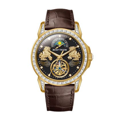 Reef Tiger RGA1935 - Affordable Luxury Yellow Gold/Diamond Mens Moon Phase Automatic Tourbillon Style Dial Dress Watches