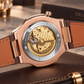 OBLVLO FM-SF Men's Rose Gold Automatic Mechanical Watch Open Heart Brown Dial Luxury Diamond Bezel Wristwatch Genuine Leather Strap