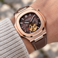 OBLVLO FM-SF Men's Rose Gold Automatic Mechanical Watch Open Heart Brown Dial Luxury Diamond Bezel Wristwatch Genuine Leather Strap